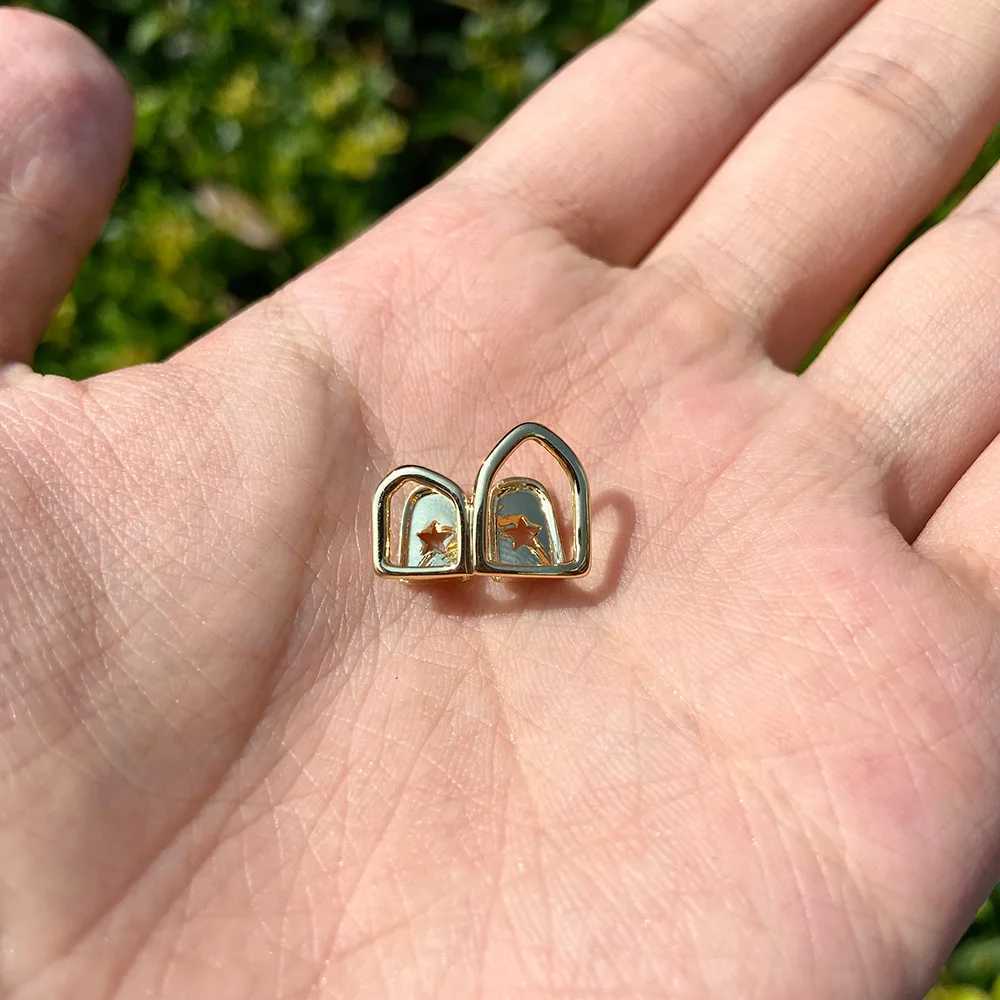 RACHELZ Hip Hop Double Hollow Fangs Tooth Cap 14K Gold Plated Dental Grills Teeth Grillz For Women Men Halloween Jewelry GiftXJ250114