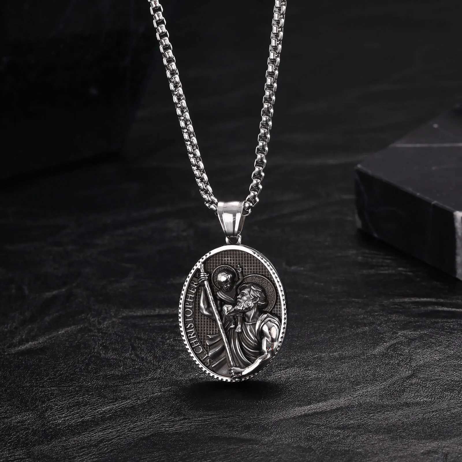 Saint Josephs Elliptical Necklaces for Men BoysST. Christopher Stainl Steel Pendant NecklacesRetro Vintage Jewelry GiftXJ250114