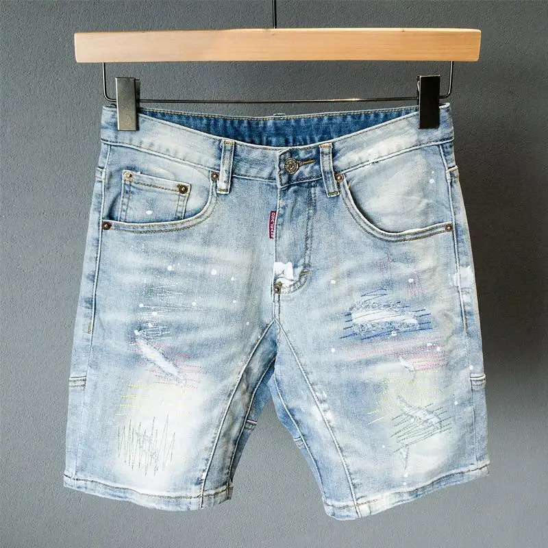 Summer Mens Casual Denim Knee Length Shorts with Distressed Route Patched Stitching Streetwear Washed Short Jeans 250109Z