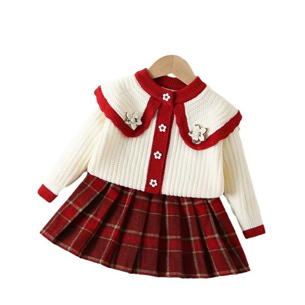Clothing Sets Girls knitted two-piece flower Golilla knitted cardigan+Tatar skirt baby girls winter clothing childrens knitted sweater Y241129VC1V