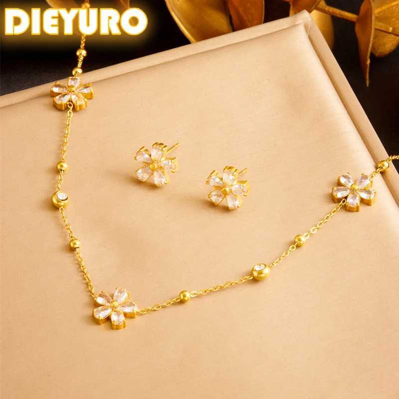 Bracelet Earrings Necklace DIEYURO 316L Stainless White Rhinestone Five Leaf Flowers Suit For Women Girl New Trend Non-fading Jewelry Set H250115