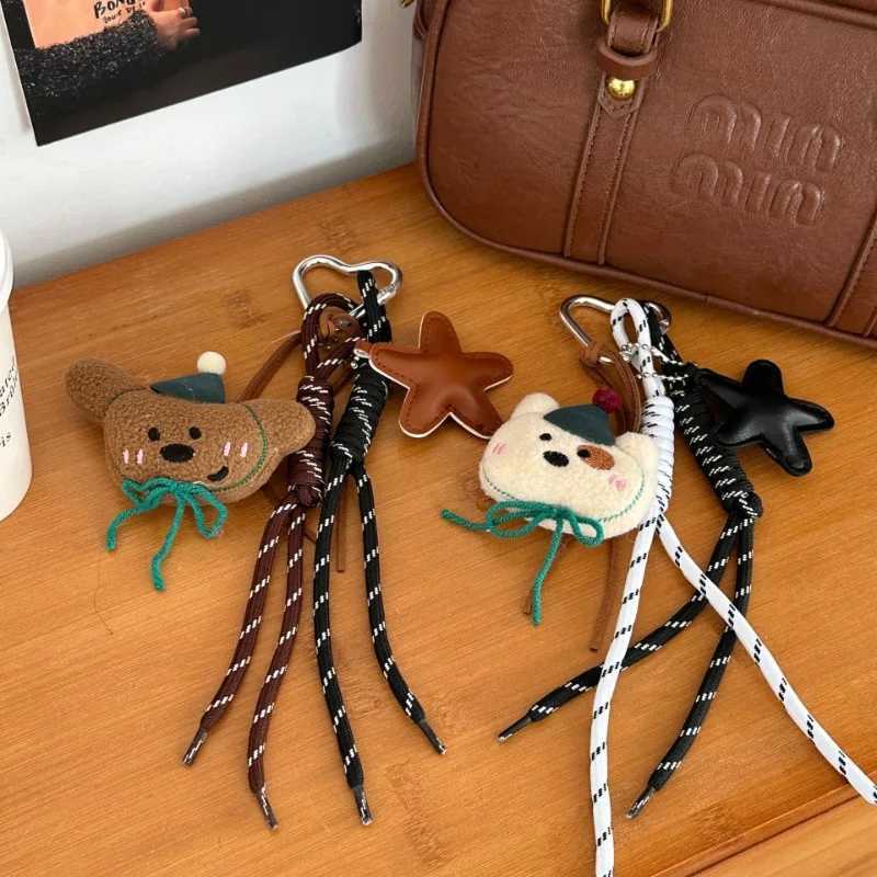 Keychains Lanyards Waist Chain Belts Cartoon plush teddy bear doll pendant high-end coffee color backpack bead chain keychain decoration H250115