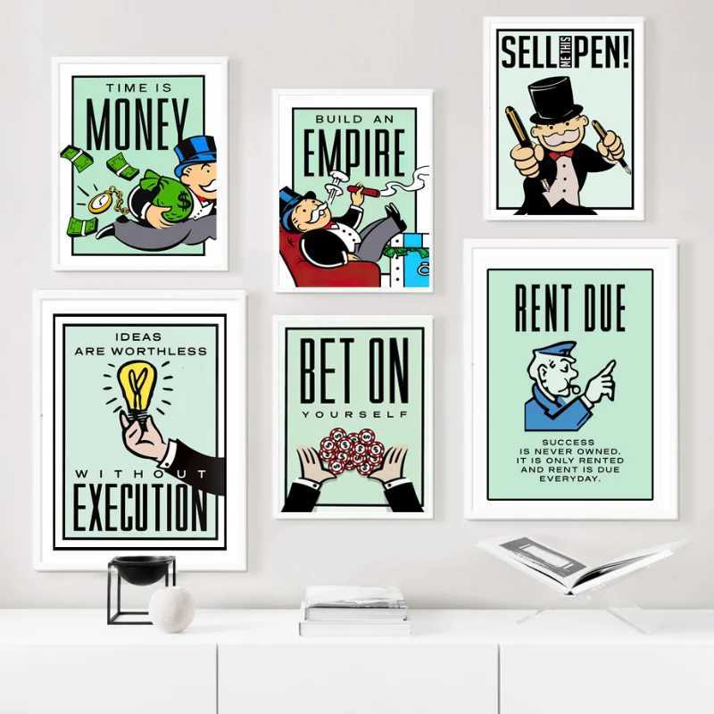Paintings Monopoly Millionaire Dollar Money Poster Cartoon Figure Motivational Quote Canvas Painting Room Wall Art Picture For Home Decor H250115