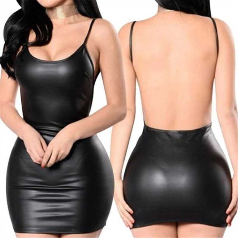 Sexy Faux Leather Dress Backless Club Party Short Dress Solid Black Wet Look Latex Bodycon Push Up Bra Mini Micro DressXJ250224