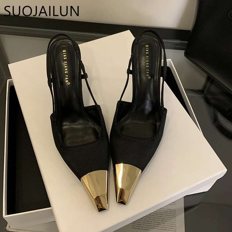 SUOJIALUN 2024 New Brand Women Sandal Fashion Mix Color Ladies Eelgant Outdoor Dress Sgback Shoes Thin High Heel Sexy Pumps S