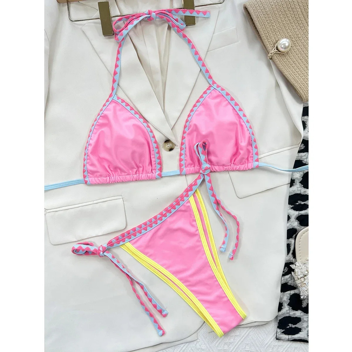 Sexy Triangle Bikini 2024 Women Two-Piece Pink Swimwear Suspender Halter Push Up Micro Swimsuit Bathing Suit Thong Swimwear Y184250115