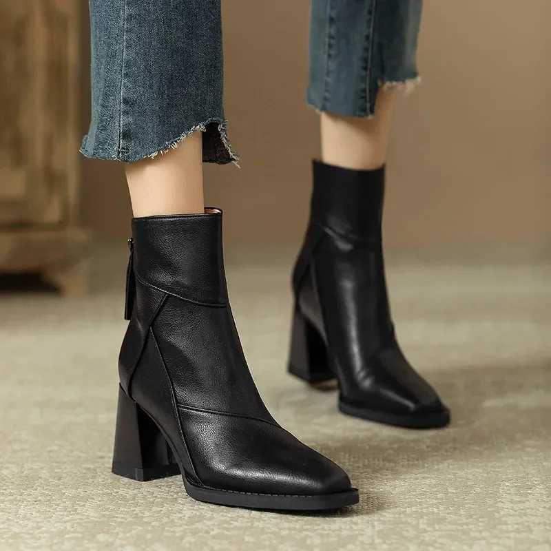 Woman Chunky Ankle Boots Women Zipper Brown Soft Leather Short Boot Autumn New Square Toe Casual High Heel Booties MujerXJ250115