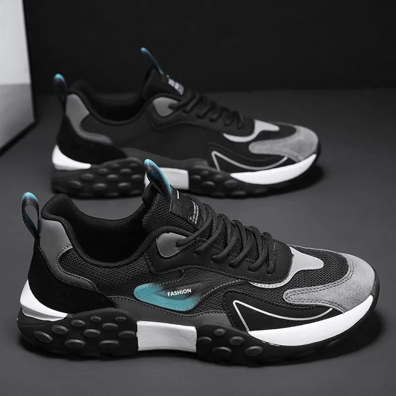 Men Sports Shoes Fashion Mesh Breathable Thick Sole Chunky Heel Comfort Triple Black Grey Free shipping
