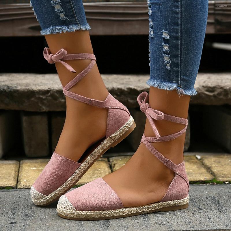 Sandals 2025 Summer Fashion Women Round Toe Solid Casual Shoes Flat Ankle Lace Up Rattan Straw Sole Roman Mujer zhanyishengli