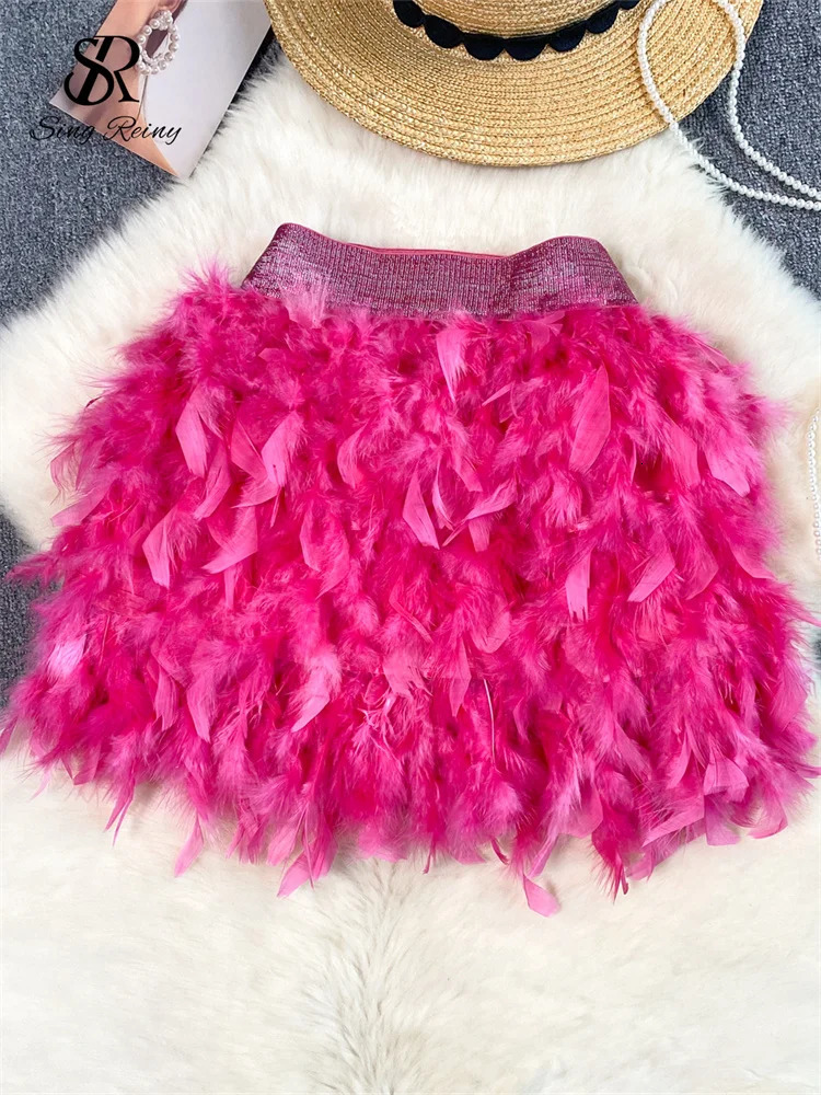 SINGREINY Senior Birthday Party Skirt High Quality Elastic Waist Mini Skirt Fairy Style Sweet Feather Splicing Ball Gown Skirt 250108