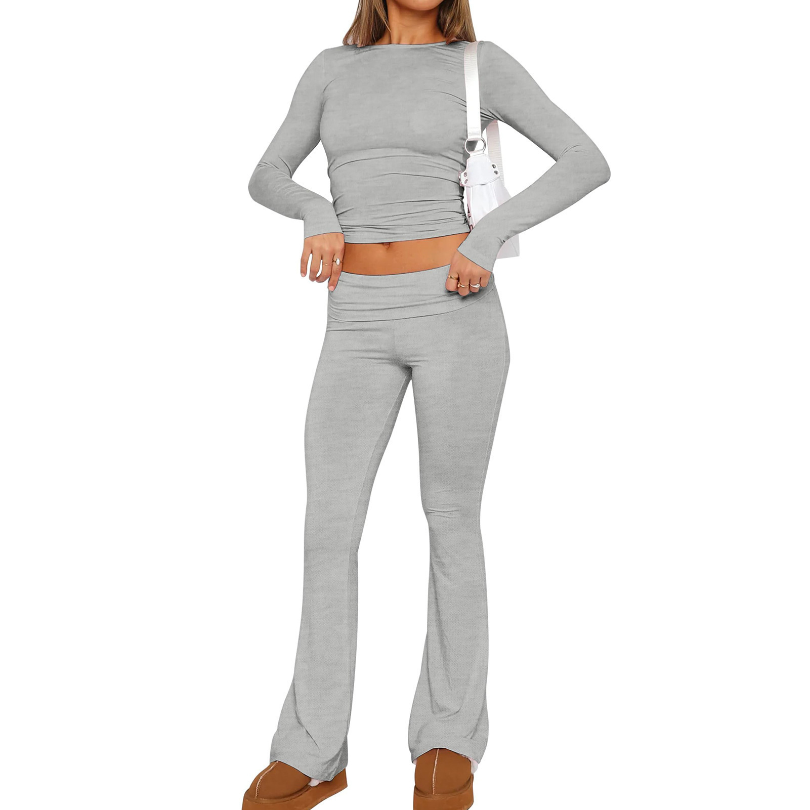European and American women's fitness new clean color sports and leisure long sleeved fashionable versatile pants two-piece set yoga suit