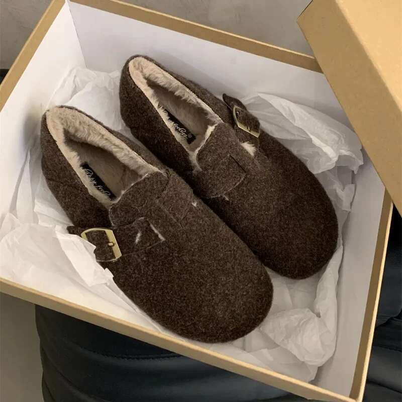 Fur Flats Loafers Platform Suede Warm Plush Cotton Shoes Casual Slippers Woman Winter 2025 Trend Cozy Non Slip atos Mujer