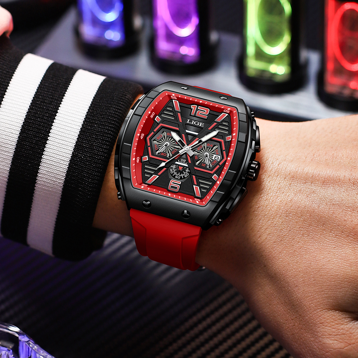 LIGE Men's quartz Watch Classic Business watch lift screen LED glow-in-the dark light wine barrel appearance multi-functional sports watch