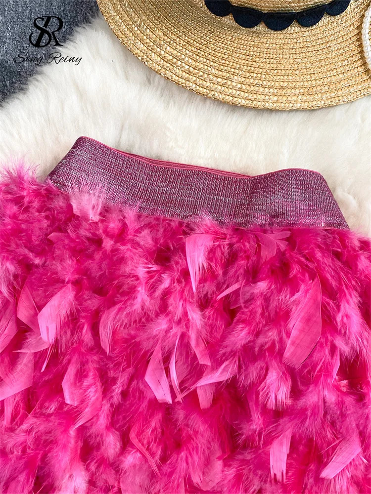 SINGREINY Senior Birthday Party Skirt High Quality Elastic Waist Mini Skirt Fairy Style Sweet Feather Splicing Ball Gown Skirt 250108