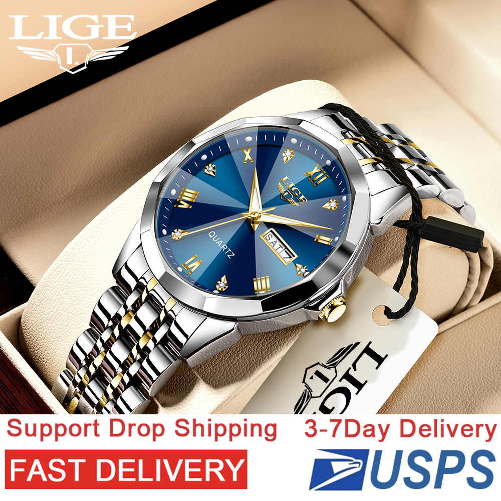 LIGE Men's Quartz Watch Classic Business Watch Double Calendar Three Pin Watch Stainless Steel strap Teen Watch Student Watch