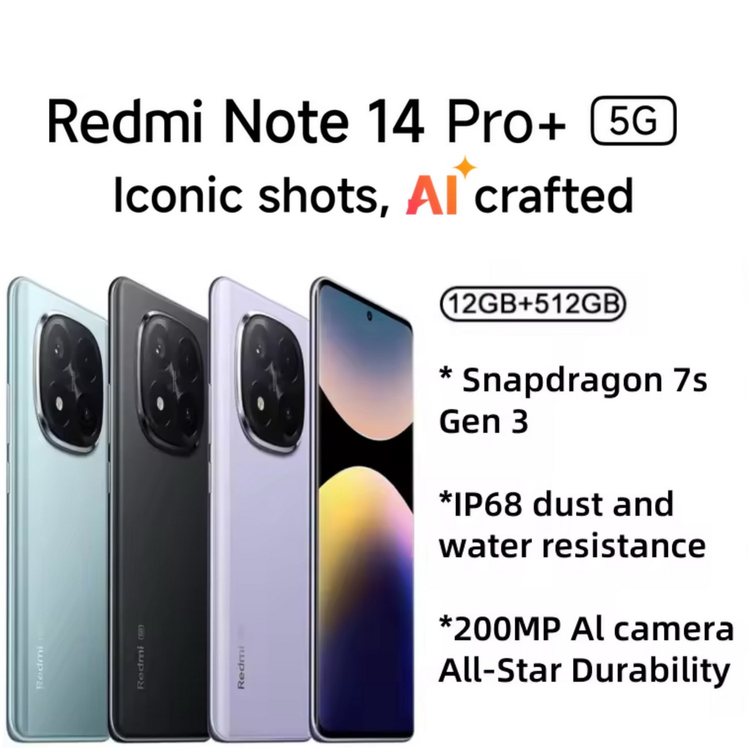 Global Version Xiaomi Redmi Note 14 Pro+ 5G Smartphone,12Gb+512Gb,6.67 , 200Mp Pro-Grade AI Camera System,120W Hypercharge With 5110Mah Battery,Ip68(Charger Not