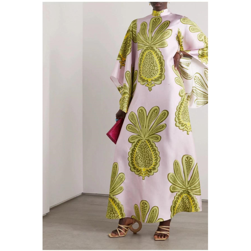 New Summer Dresses Printed Long Sleeves Stand Up Neck Dress Printed Lapel Waist Cinched Big Swing Dress For Women
