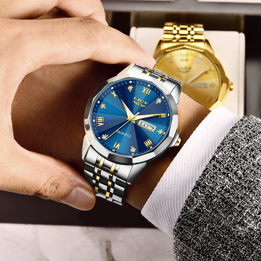 LIGE Men's Quartz Watch Classic Business Watch Double Calendar Three Pin Watch Stainless Steel strap Teen Watch Student Watch