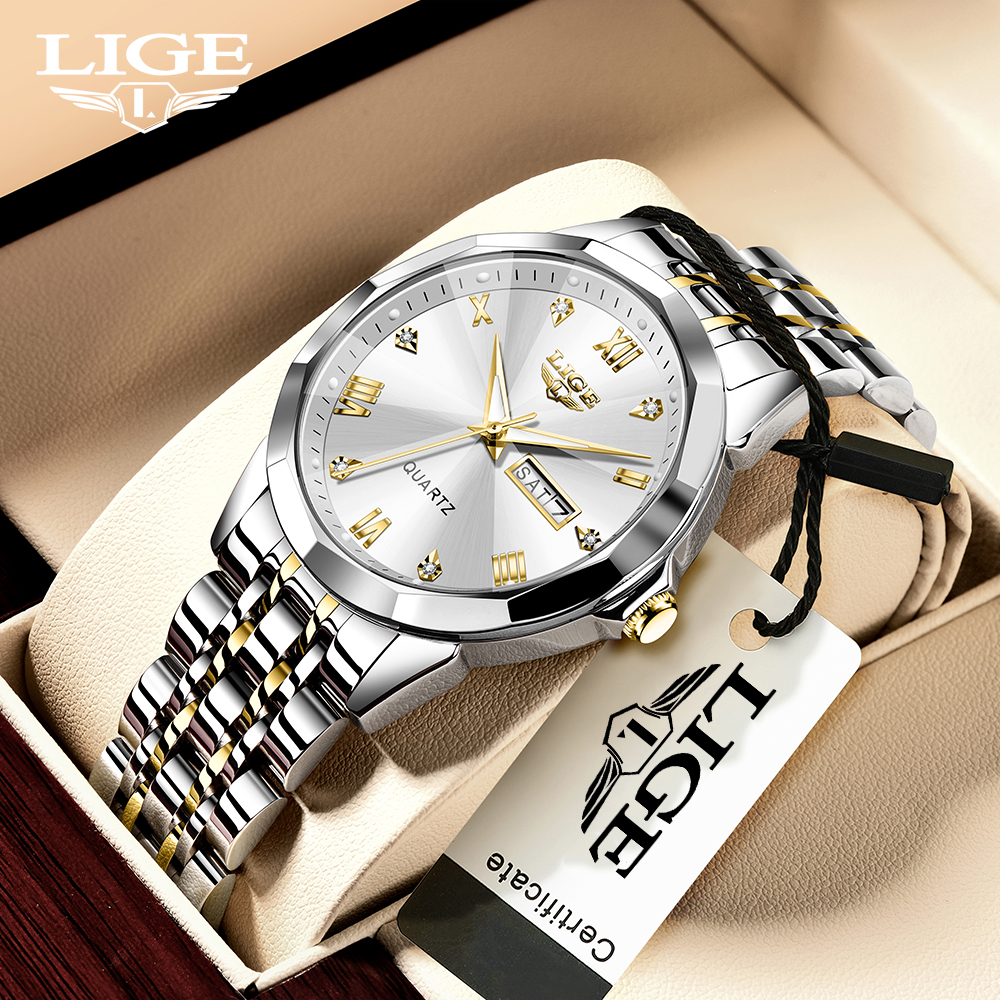 LIGE Men's Quartz Watch Classic Business Watch Double Calendar Three Pin Watch Stainless Steel strap Teen Watch Student Watch