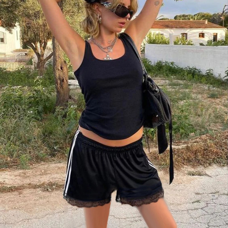 BIIKPIIK Side Striped Lace Streetwear Shorts for Women Contrast Color Sporty Casual Elastic Waist Short Pants Allmatch Bottoms 250107