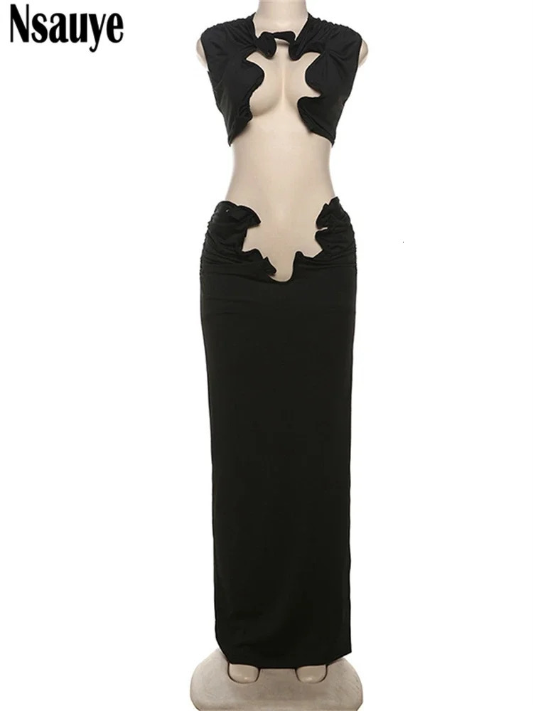 Nsauye Sexy Fashion Women Y2K Hollow Out Club Vest Tops Long Ruched Elegant Dress Skirt Two Piece Set Summer Outfits 250113