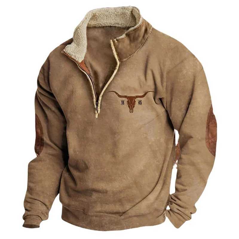 Mens Bullhead Print Half-zip Sweatshirt Autumn and Winter Warmth Hoodie Casual Trendy Long Sleeve Pullover As Gift W250114