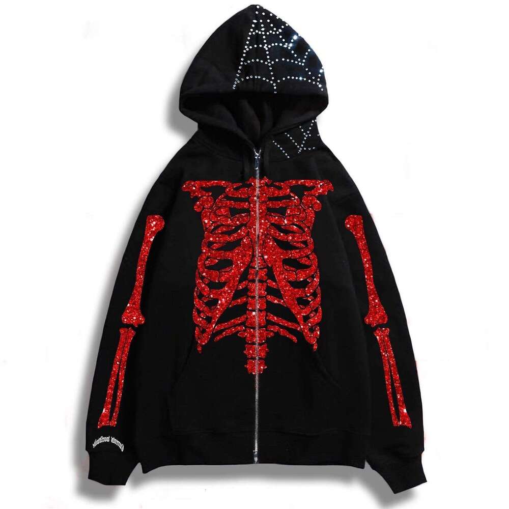 Y2k rhinestone glitter skeleton printed jacket autumn winter long sleeved zipper with fleece hooded sweatshirt for men and women