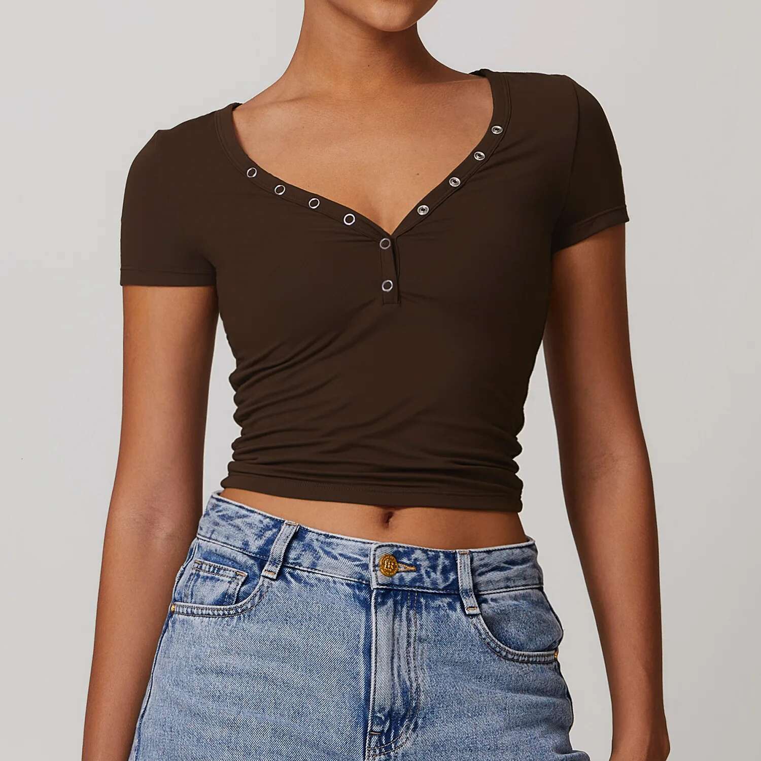 Women's Short Sleeved T-shirt V-neck Crop Top Shirt Women's Sports Top Sportswear Yoga Top Designer T-shirt