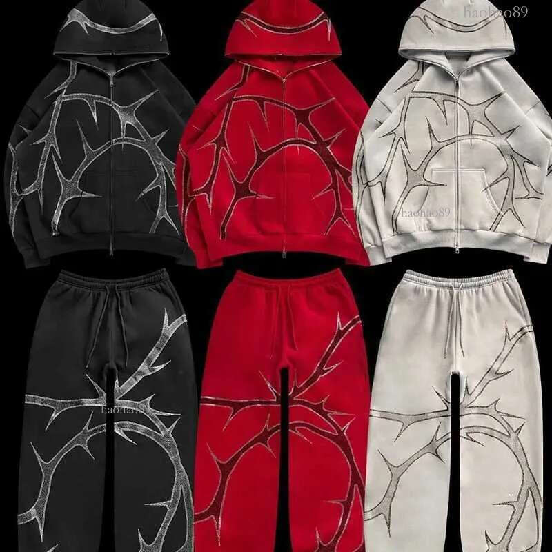 Hip Hop Rhinestone Print Hoodies Pants Suit Men Women Streetwear Fashion Y2k Zipper Hoodie Jacket Gothic Autumn Loose SweatshirtC241018