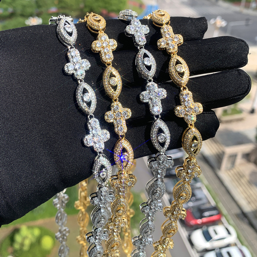 High Quality Hip Hop Men Charm Eye Cross Tennis Chain Necklace Real Gold Plated 5A Zircon Rap Jewelry