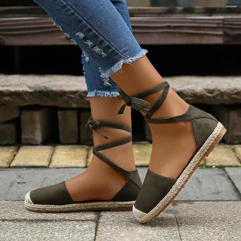 Sandals 2025 Summer Fashion Women Round Toe Solid Casual Shoes Flat Ankle Lace Up Rattan Straw Sole Roman Mujer zhanyishengli