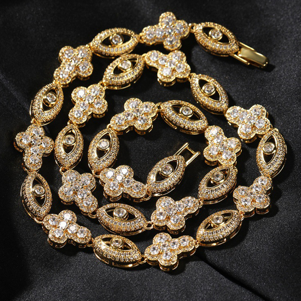 High Quality Hip Hop Men Charm Eye Cross Tennis Chain Necklace Real Gold Plated 5A Zircon Rap Jewelry