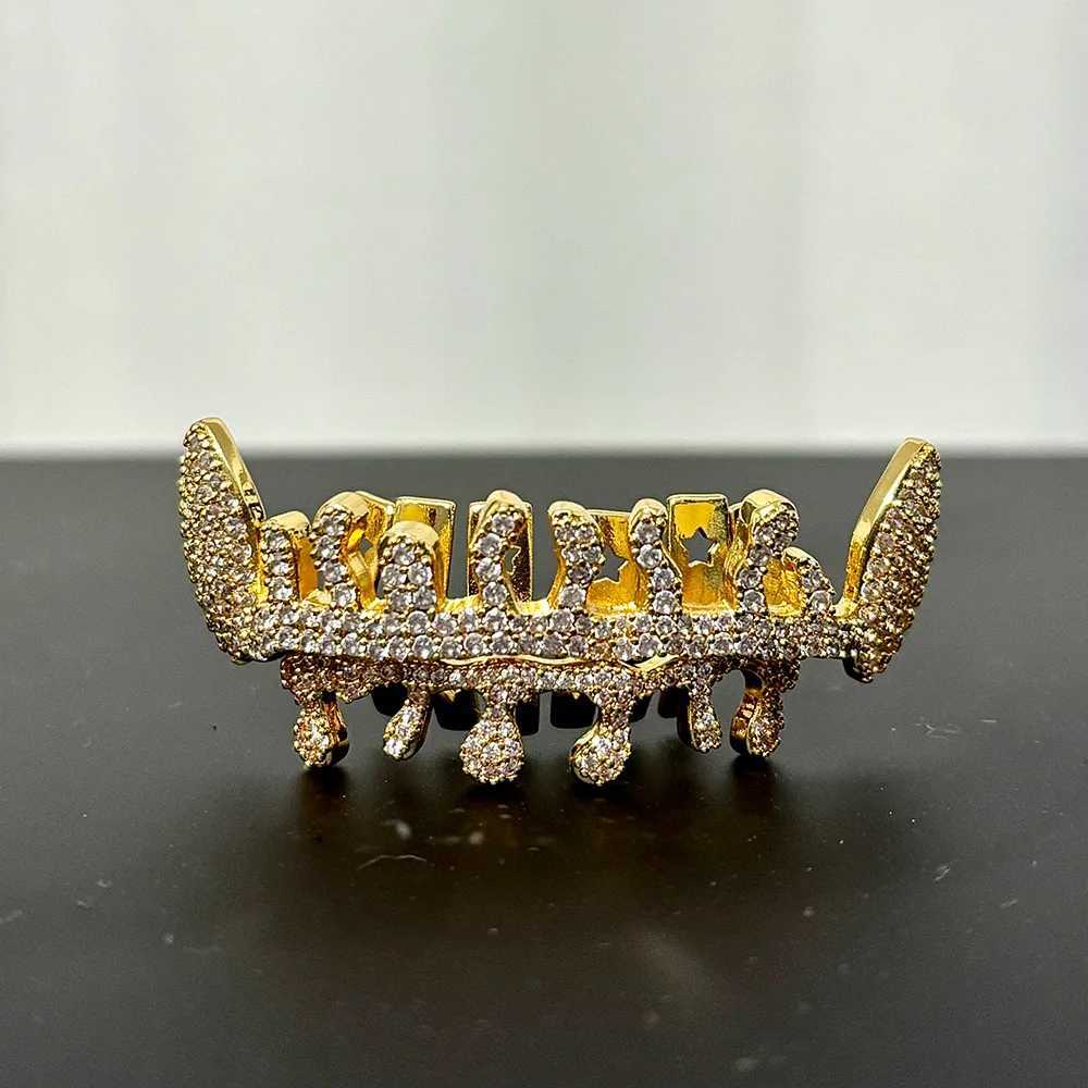 RACHELZ Silver Color Flame Full CZ Stone Tooth Caps For Women Men Hip Hop Water Droplet Zircon Teeth Grillz Braces JewelryXJ250114