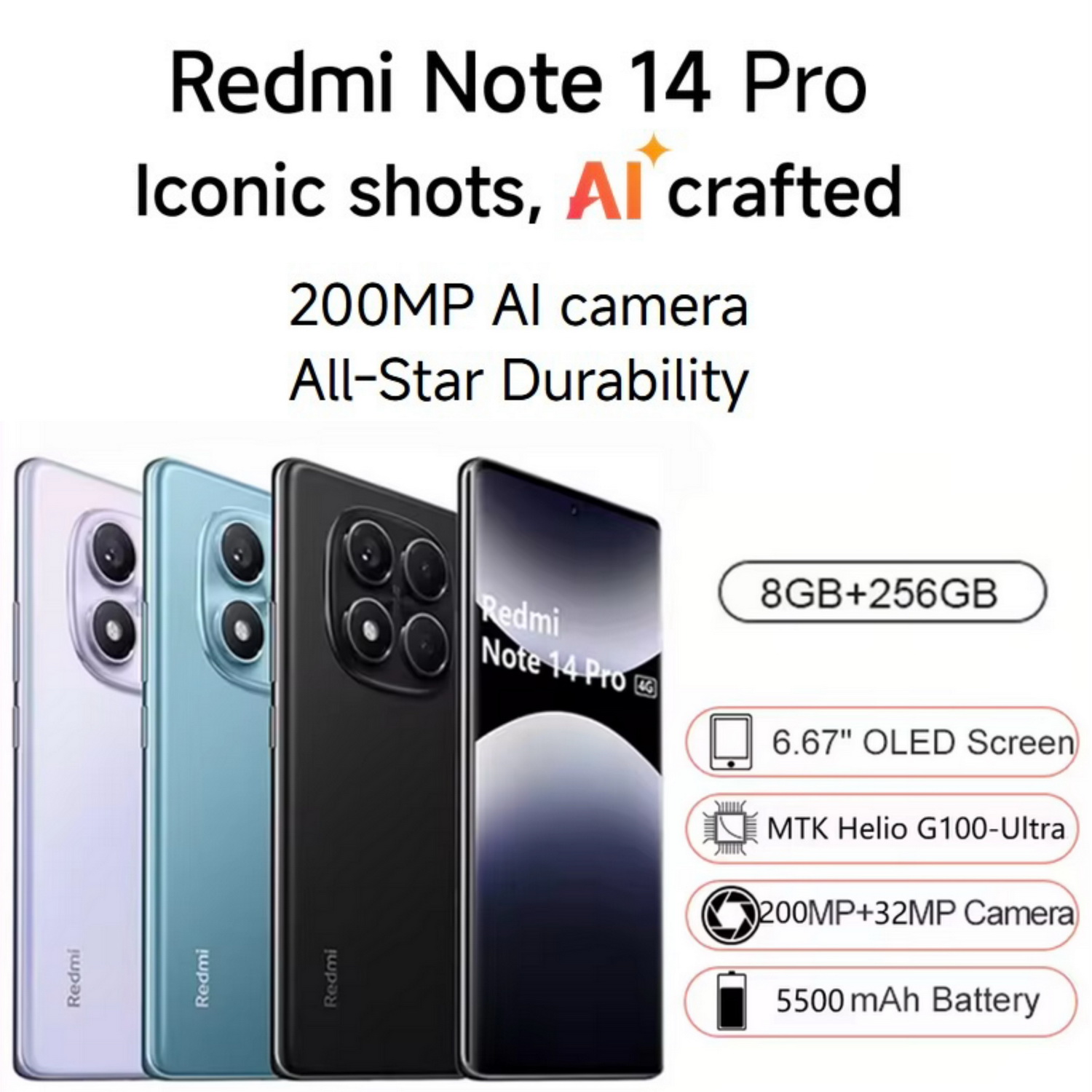 Global Version Xiaomi Redmi Note 14 Pro 4G, 8GB+256GB,6.67" AMOLED display,Helio G100-Ultra Processor,5500mAh battery with 45W turbo charging,IP6