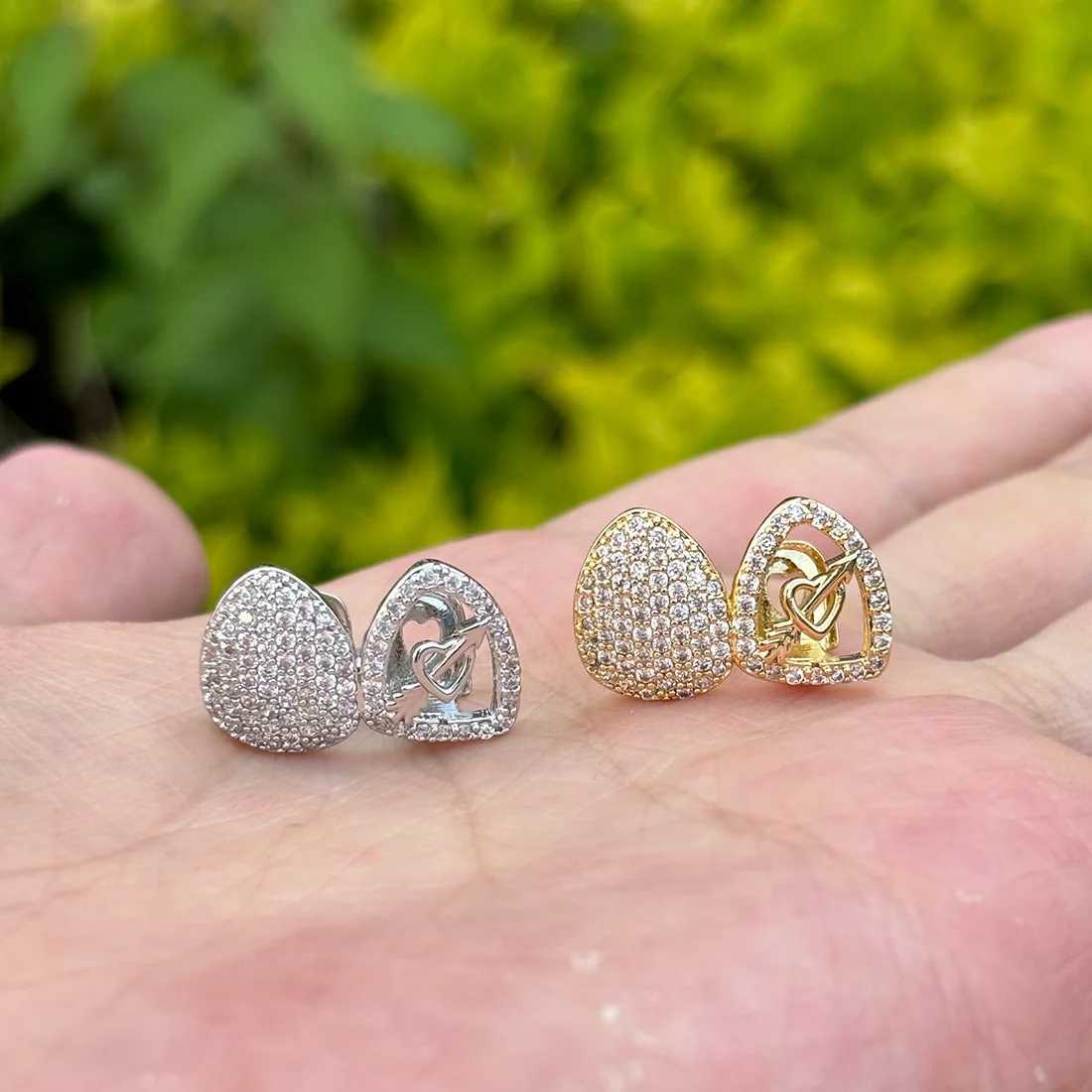 RACHELZ Hip Hop Double Love Heart Hollow Zircon Teeth Grillz 14K Gold Plated CZ Stone Tooth Caps For Women Men Couple JewelryXJ250114