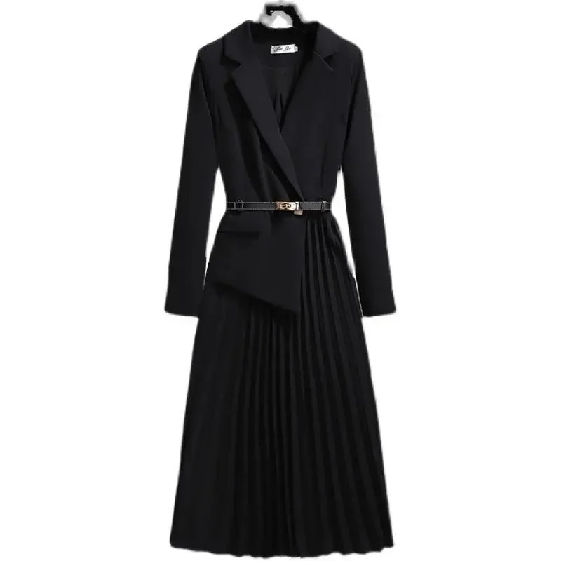 Spring Autumn Womens Dresses 2024 Fashion Suit Collar Stitching Two-Piece Elegant Lady Office Long Dress Vestidos 250113