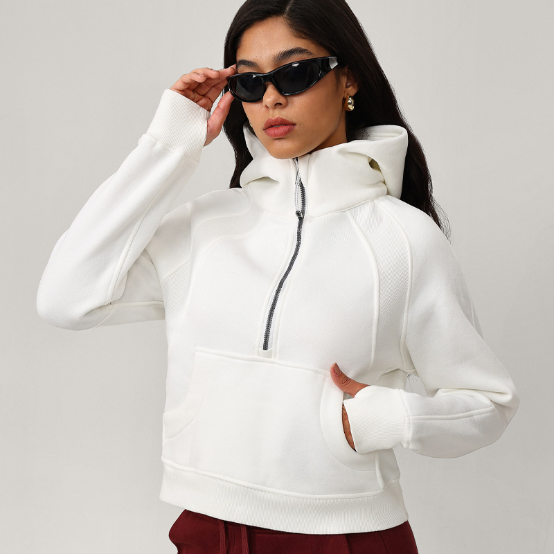 European and American hoodie women's high-quality velvet warm casual sports jacket hooded loose outdoor fashionable versatile half zip top