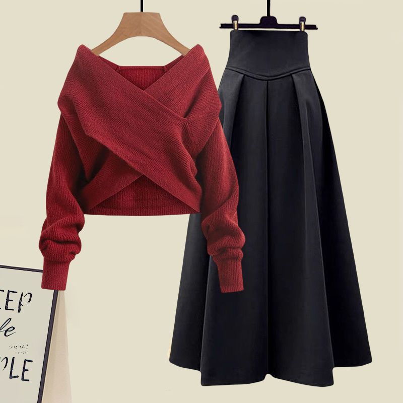 Two Piece Dress Plus Size Women's Winter Knitwear 2024 Style Age-Reducing Cross Top Sweater Slimming Skirt 2-Piece Set