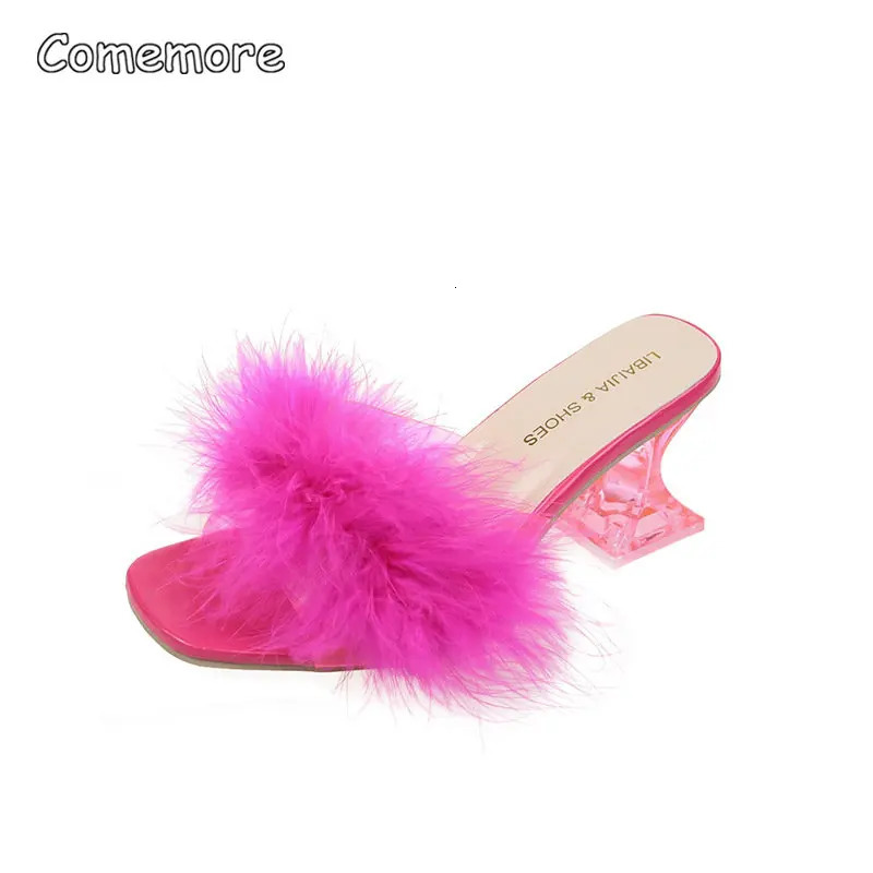 Comemore Women Slippers Summer Fashion Stiletto Sandals Open Toe High Heel Fur Heels for Woman Pink Shoes Sapatos Femininos 250113
