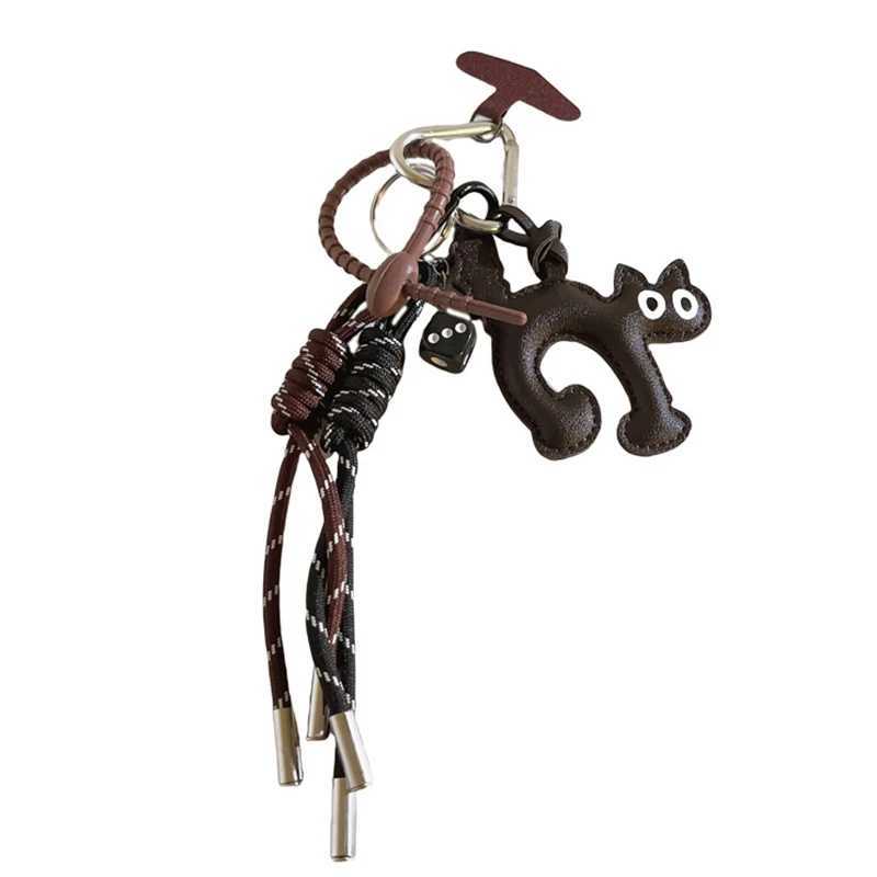 Keychains Lanyards Fluffy Kawaii Leather Bow-backed Cat Shape Keychain Fashion Vintage Nylon Rope Pendant Phone Shell Lanyard With Clip Bag Charms H25