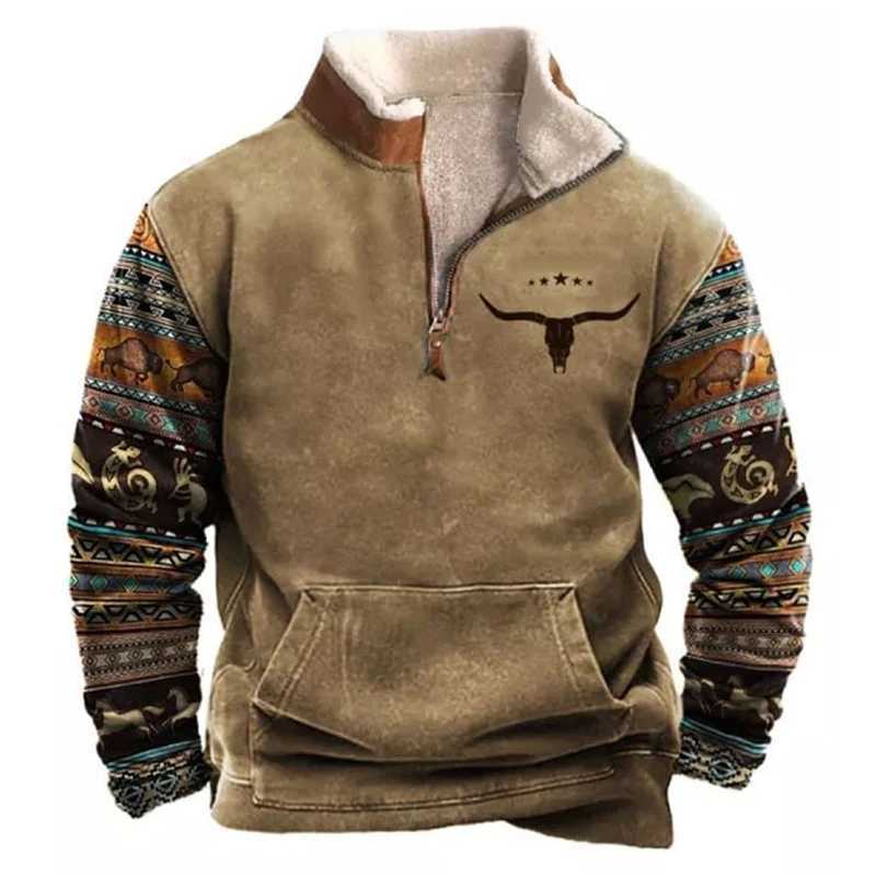 Mens Retro Bull Print Hoodie - Casual Long Sleeve Pullover with Half-Zip Stand Collar Perfect for Fall Winter Tops W250114