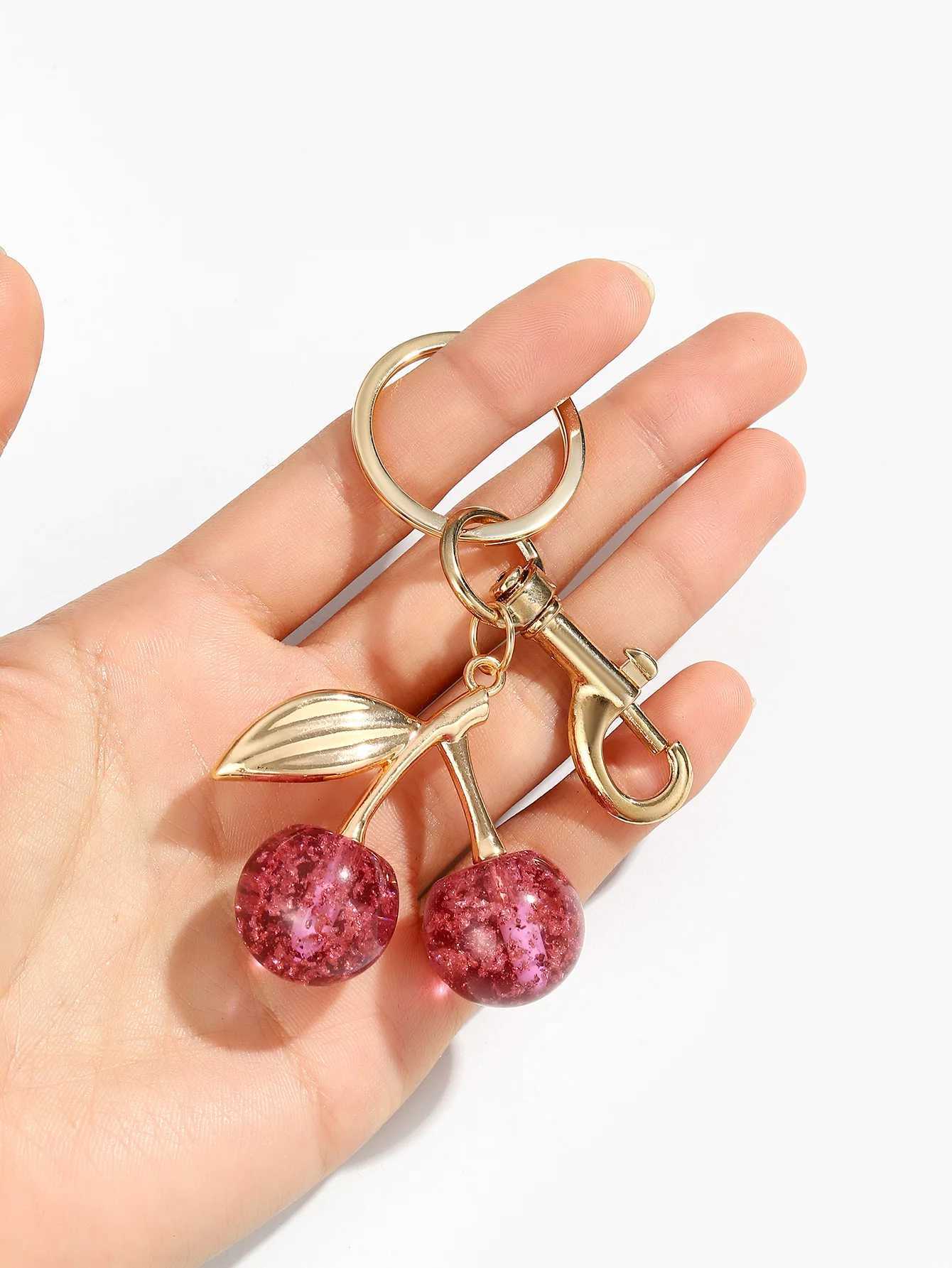 Keychains Lanyards Cherry Bag Charm Red Pink Crystal Fruit Pendant Key Ring for Women Girl Accessories Gift H250115
