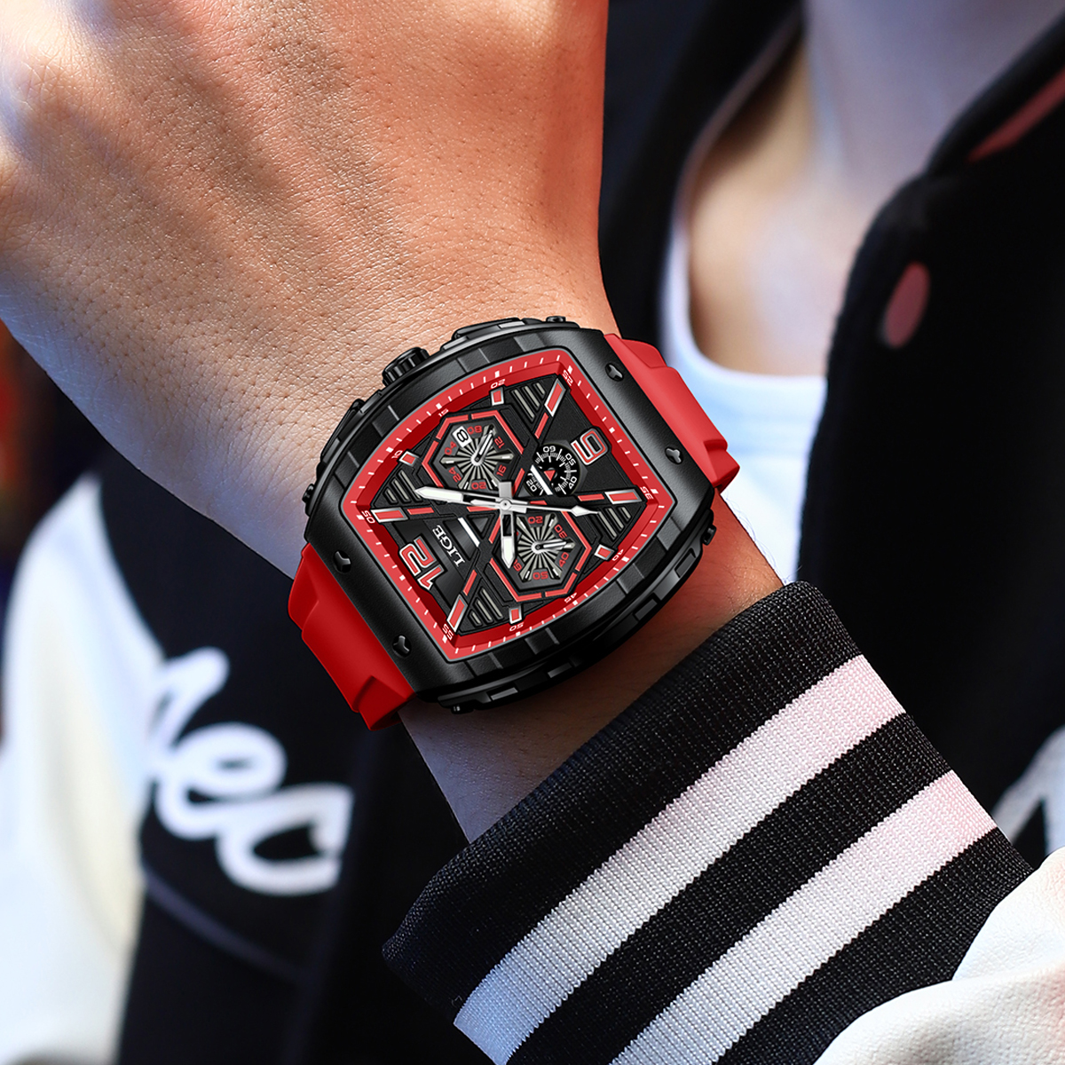 LIGE Men's quartz Watch Classic Business watch lift screen LED glow-in-the dark light wine barrel appearance multi-functional sports watch