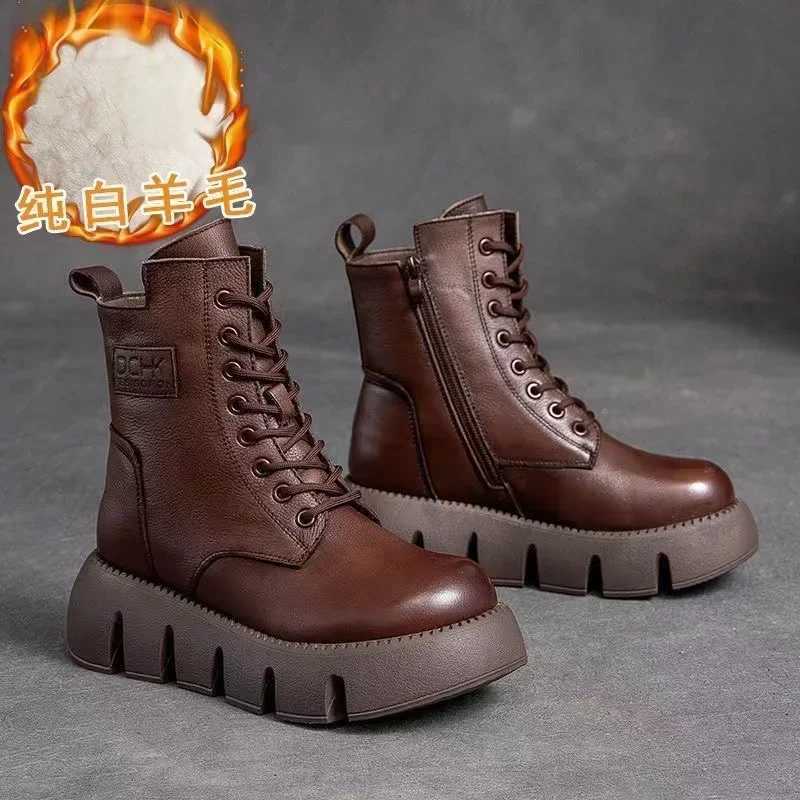 Short Plush 2024 Winter Female Ankle Boots Genuine Leather Cott Boots Thick-soled Padded Women Shoes Warm Snow Boots FemaleXJ250217