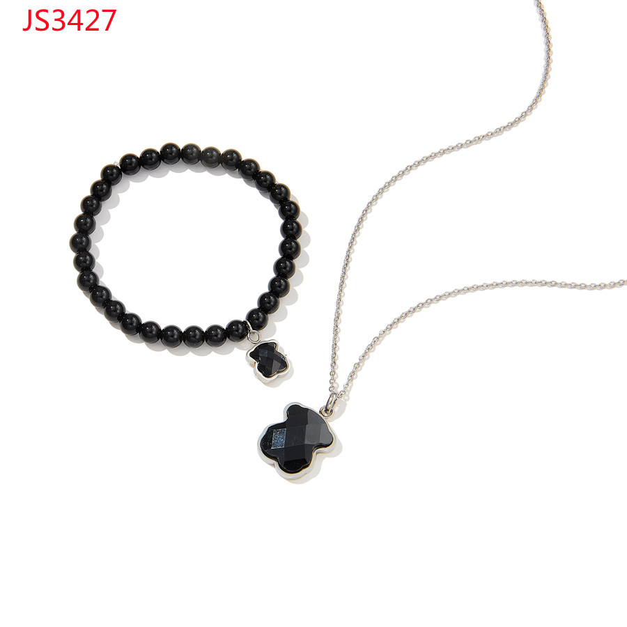 New Fashion Women Silver Gold Stainless Steel Bear Animal Black Bead Pendant Bracelet Sets Jewelry