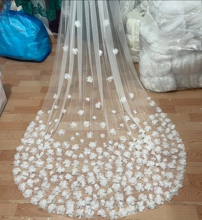 Bridal Veil Long Wedding Veil 3D Flowers Floral Lace White Petals Veil for Bride With Comb velos de novia Cathedral250108