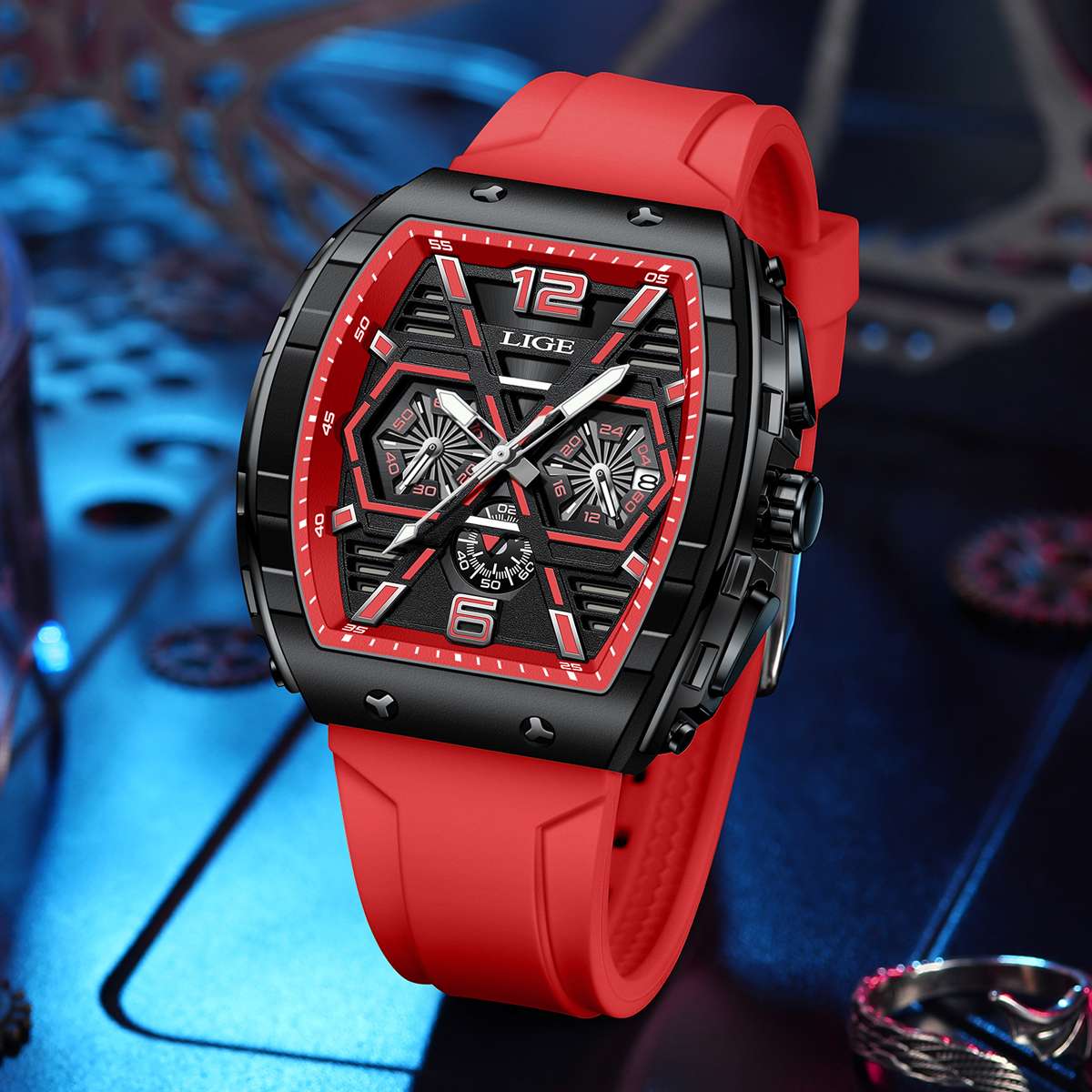 LIGE Men's quartz Watch Classic Business watch lift screen LED glow-in-the dark light wine barrel appearance multi-functional sports watch