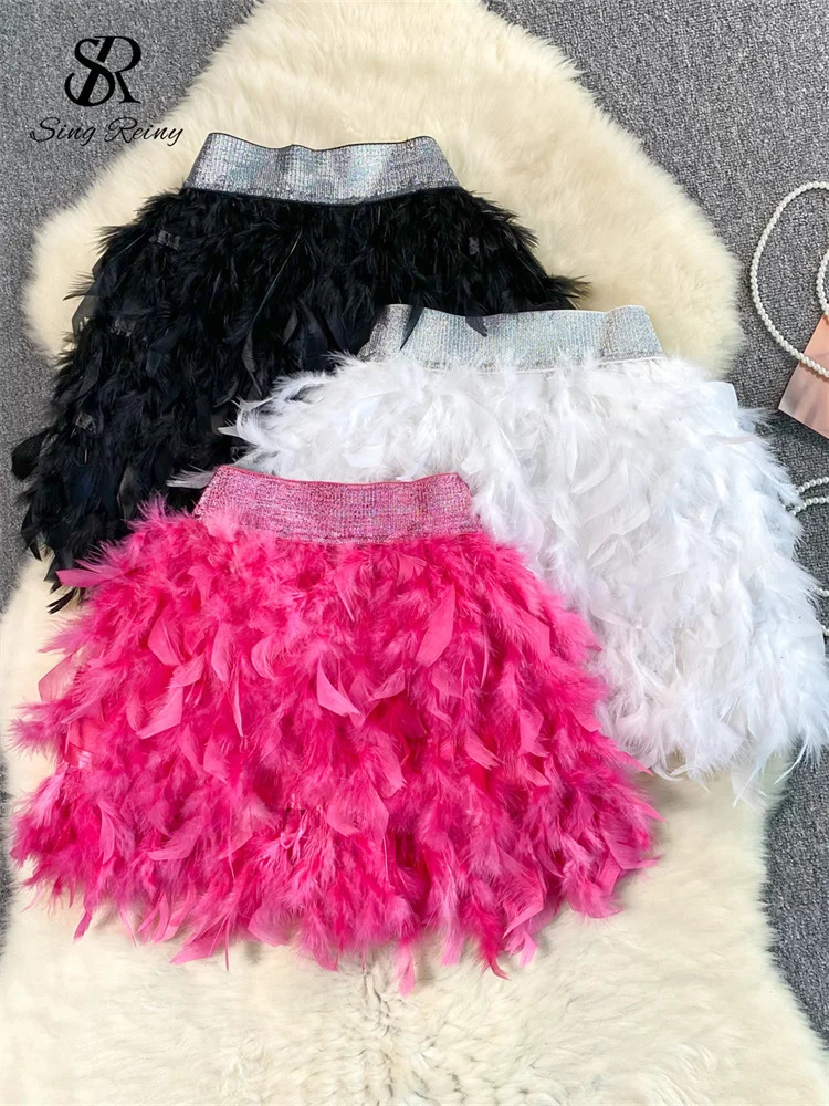 SINGREINY Senior Birthday Party Skirt High Quality Elastic Waist Mini Skirt Fairy Style Sweet Feather Splicing Ball Gown Skirt 250108