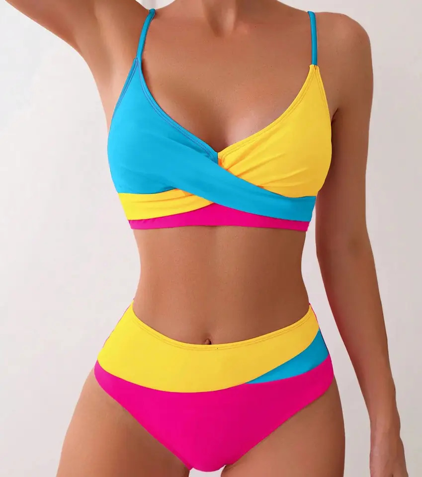 Cross Type Bikini Suit 2 Pieces Color Blocking Swimming Set Deep V Bra Middle Waist Triangle Shorts Beach Suit250115
