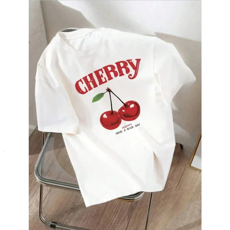 Summer Women Fashion TShirt Cherry Print ONeck Cotton Tops Tees Floral Graphic Short Sleeve Clothing Female Casual Streetwear 250115